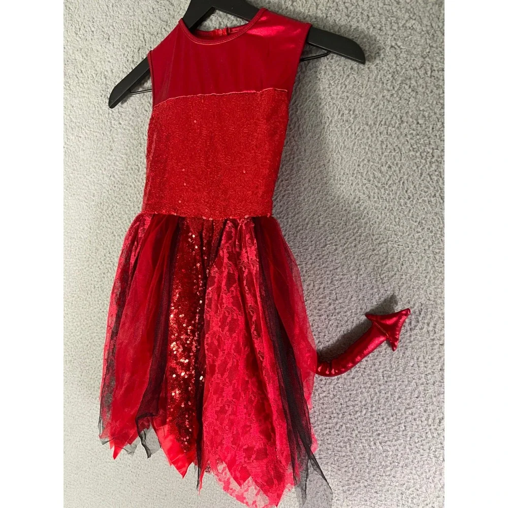 Spirit Halloween Girls Red Devil Costume Dress‎ Size S Sparkle Lace Tail